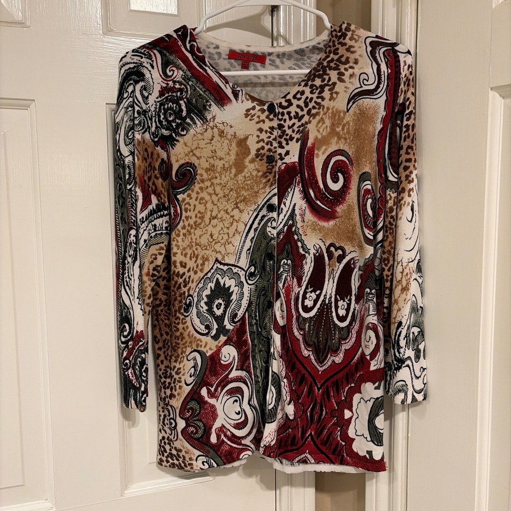 Joni B Womens Paisley Animal Print Beaded Cardigan Sweater Multicolor Size M